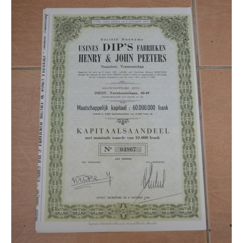 Акція. USINES DIP*S FABRIEKEN. Бельгія . 1944 рік №04868 (1.79) Акція. USINES DIP*S FABRIEKEN. Бельгія . 1944 рік №04868 (1.79)