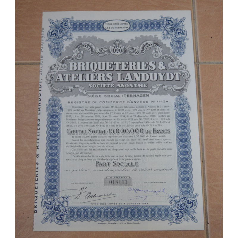 Акція. BRIQUETERIES ATELIERS LANDUYDT. Бельгія . 1944 рік №04868 (1.79) Акція. BRIQUETERIES ATELIERS LANDUYDT. Бельгія . 1944 рік №04868 (1.79)