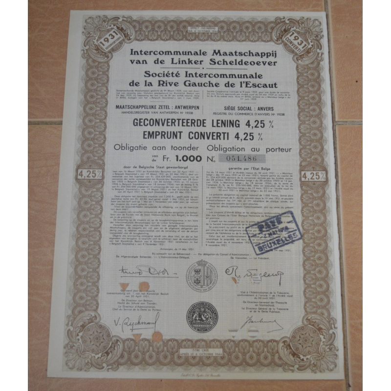 Акція. Intercommunale Maatschappij. Бельгія . 1931 рік №051.486 (1.85)