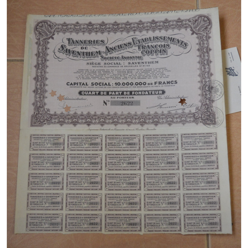 Акція.Tanneries de Saventhem - Anciens.... Бельгія. 1941 рік №2622 (1.100) Акція.Tanneries de Saventhem - Anciens.... Бельгія. 1941 рік №2622 (1.100)