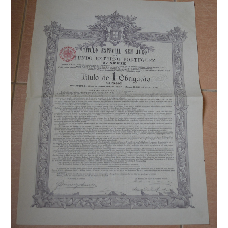 Акція. TITULO ESPECIAL SEM JURO. Португалія. 1902 рік №129 (2.13) Акція. TITULO ESPECIAL SEM JURO. Португалія. 1902 рік №129 (2.13)