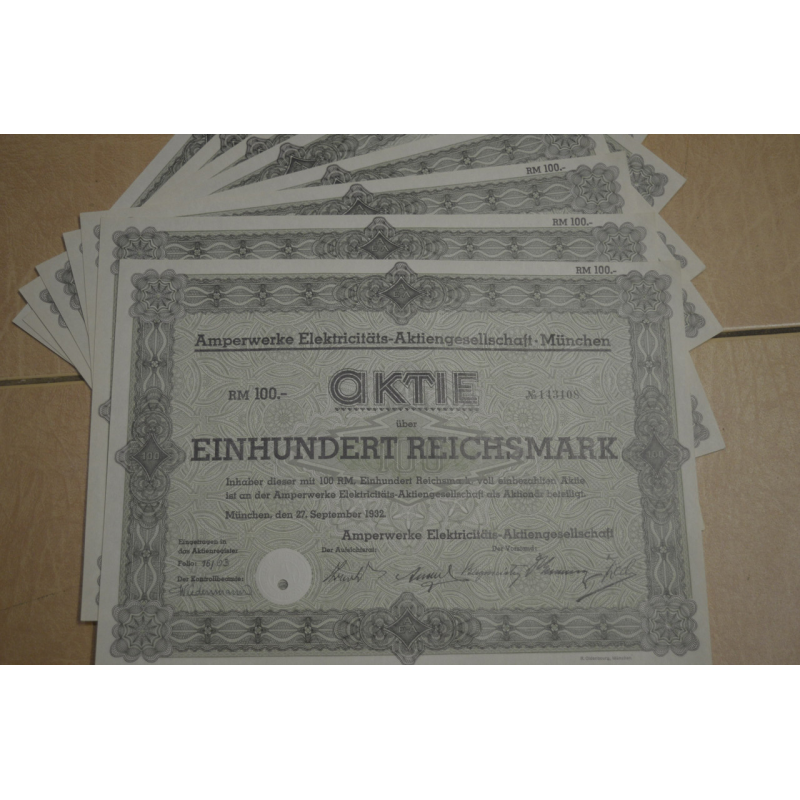 Акція. Німеччина. Amperwerke Elektricitats --100reichmark 1932 рік aUNC-UNC (5 - 4)