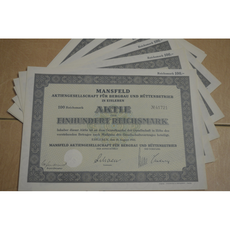 Акція. Німеччина. Mansfeld--100 reichmark 1933 рік aUNC-UNC (5 - 5) Акція. Німеччина. Mansfeld--100 reichmark 1933 рік aUNC-UNC (5 - 5)
