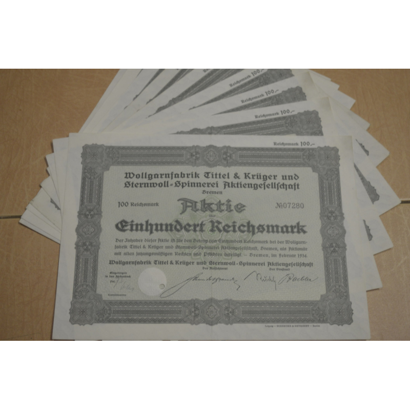 Акція. Німеччина. Wollgarnfabrik Bremen 100 reichbank 1934 рік aUNC-UNC (5 - 10)