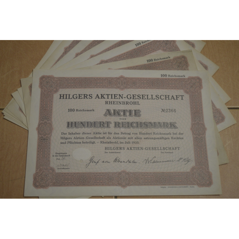 Акція. Німеччина. Hilgers Aktiengesellschaft--1000reichmark 1935 рік aUNC-UNC (5 - 11) Акція. Німеччина. Hilgers Aktiengesellschaft--1000reichmark 1935 рік aUNC-UNC (5 - 11)