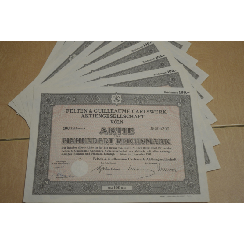 Акція. Німеччина. Felten Koln 100 reichmark 1941 рік aUNC-UNC (5 - 14) Акція. Німеччина. Felten Koln 100 reichmark 1941 рік aUNC-UNC (5 - 14)