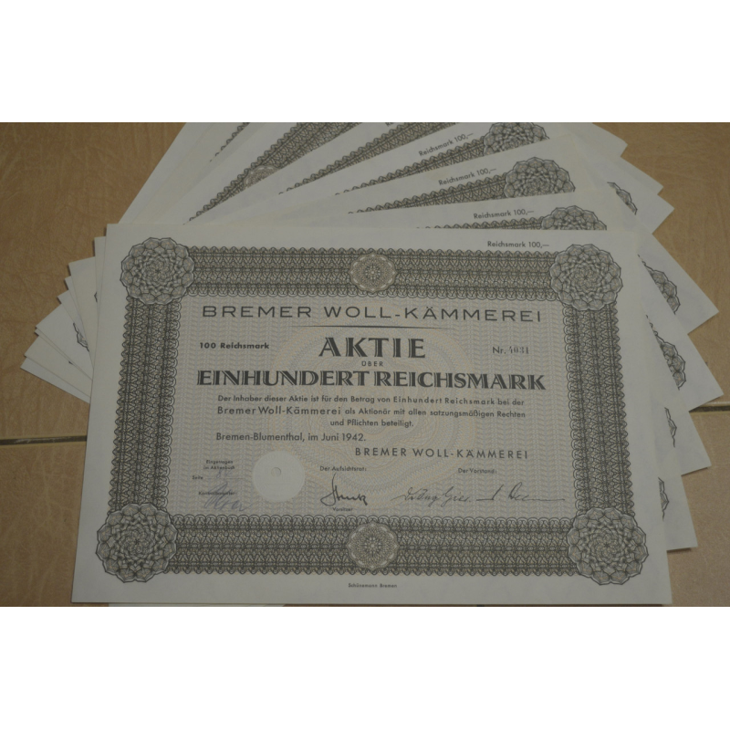 Акція. Німеччина. Bremer Woll-kammerei 100reichmark 1942 рік aUNC-UNC (5 - 15) Акція. Німеччина. Bremer Woll-kammerei 100reichmark 1942 рік aUNC-UNC (5 - 15)