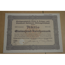 Акція. Німеччина. Wollgarnfabrik Bremen 1000 reichbank 1934 рік aUNC-UNC (5 - 19)