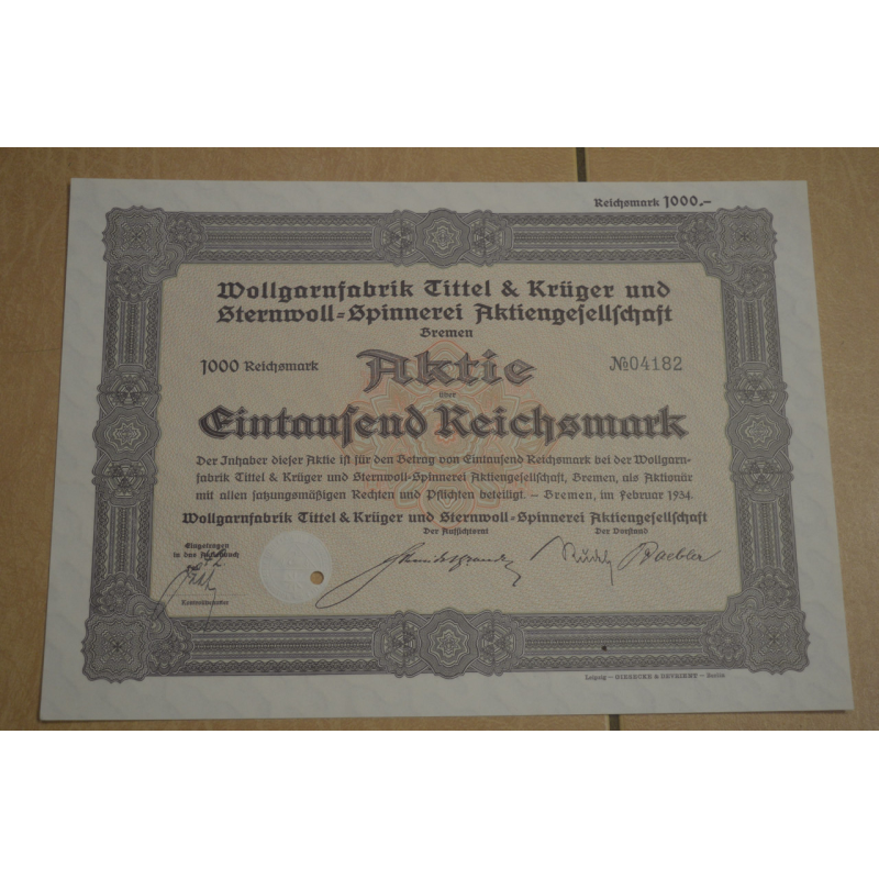Акція. Німеччина. Wollgarnfabrik Bremen 1000 reichbank 1934 рік aUNC-UNC (5 - 19)
