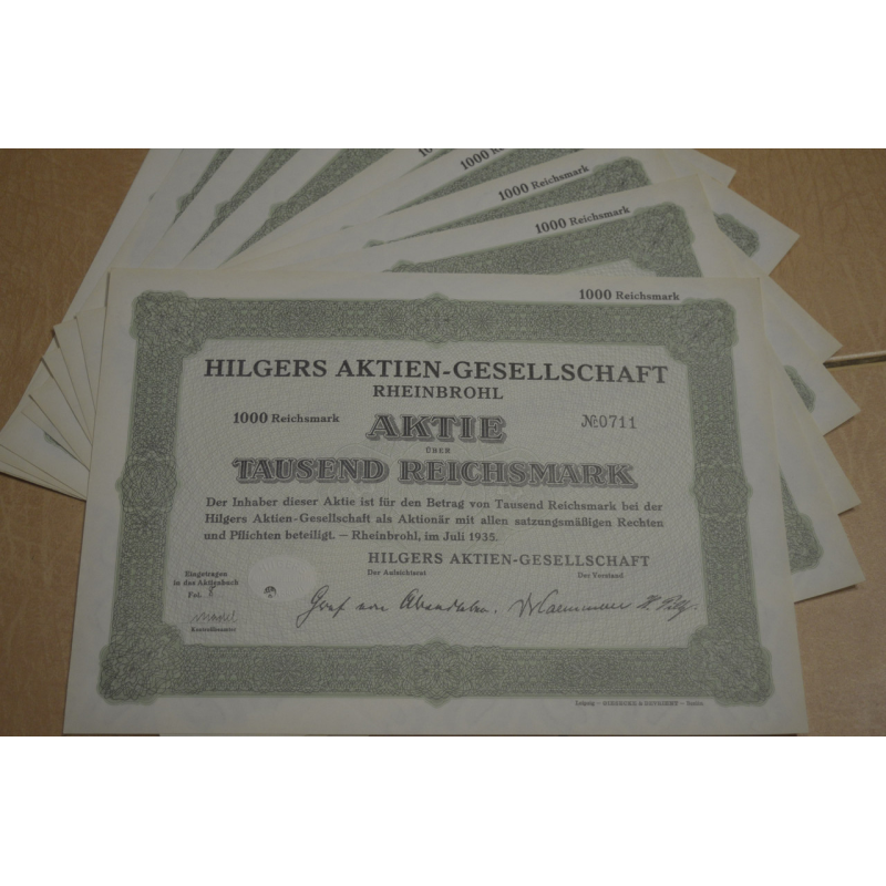 Акція. Німеччина. Hilgers Aktiengesellschaft--1000reichmark 1935 рік aUNC-UNC (5 - 20) Акція. Німеччина. Hilgers Aktiengesellschaft--1000reichmark 1935 рік aUNC-UNC (5 - 20)