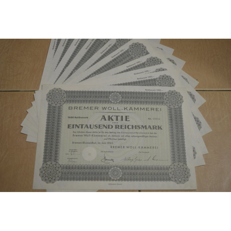 Акція. Німеччина. Bremer Woll-kammerei 1000reichmark 1942 рік aUNC-UNC (5 - 24) Акція. Німеччина. Bremer Woll-kammerei 1000reichmark 1942 рік aUNC-UNC (5 - 24)