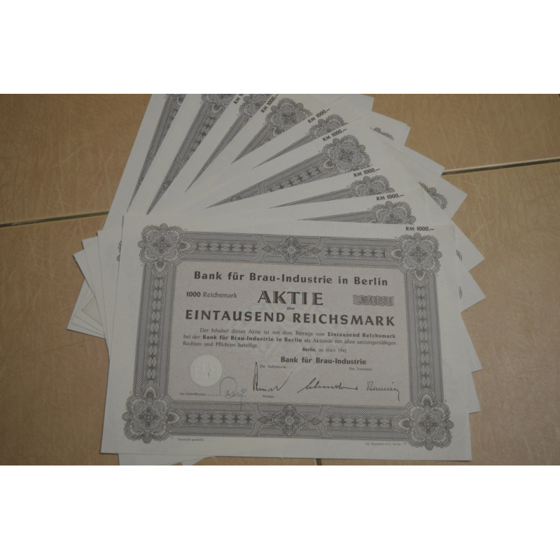 Акція. Німеччина. Bank Brau-Industrie 1000reichmark 1942 рік aUNC-UNC (5 - 25)