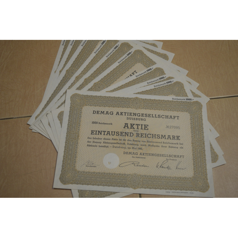 Акція. Німеччина. Demag Aktiengesellschaft--1000 reichmark---1942 рік aUNC-UNC (5 - 26) Акція. Німеччина. Demag Aktiengesellschaft--1000 reichmark---1942 рік aUNC-UNC (5 - 26)