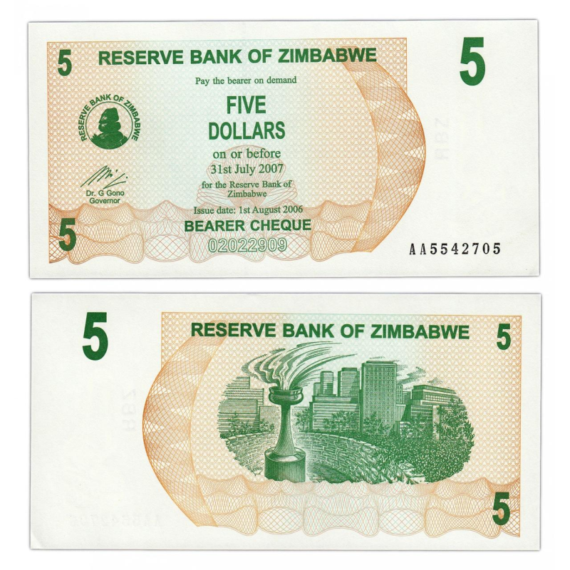 Zimbabwe Зімбабве - 5 Dollars 2006 UNC cheque Pick 38