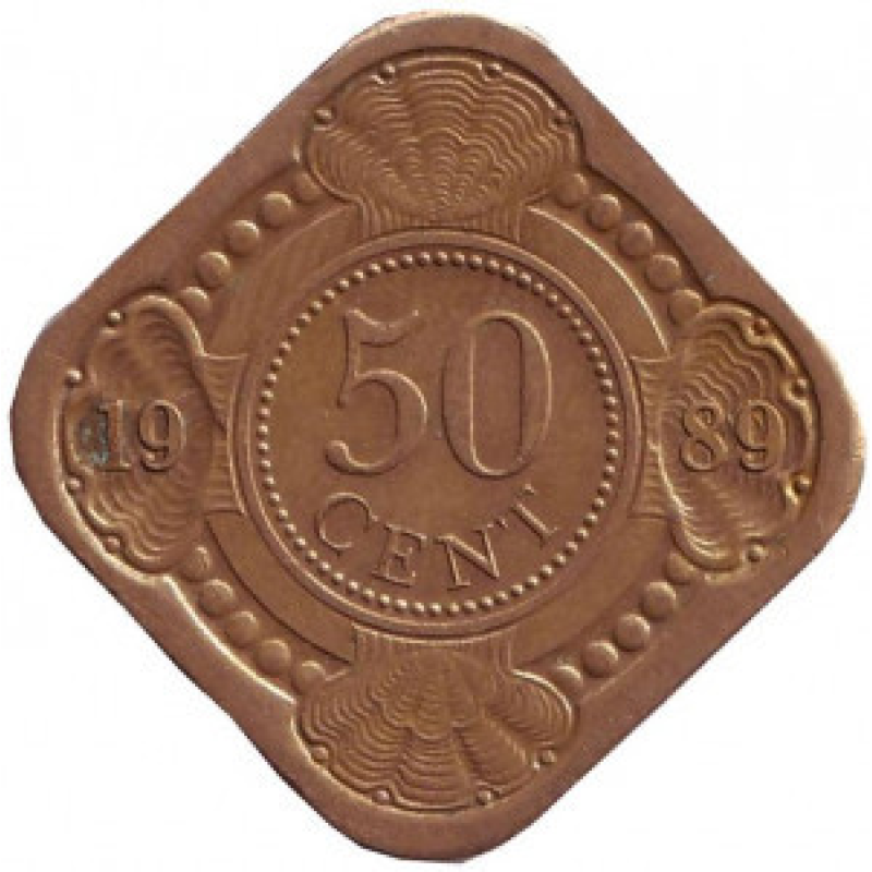 Монета у 50 центів. 1989 рік, Нідерландські Антильські острови. Монета у 50 центів. 1989 рік, Нідерландські Антильські острови.