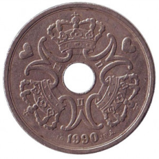 Монета 5 крон. 1990 рік, Данія.