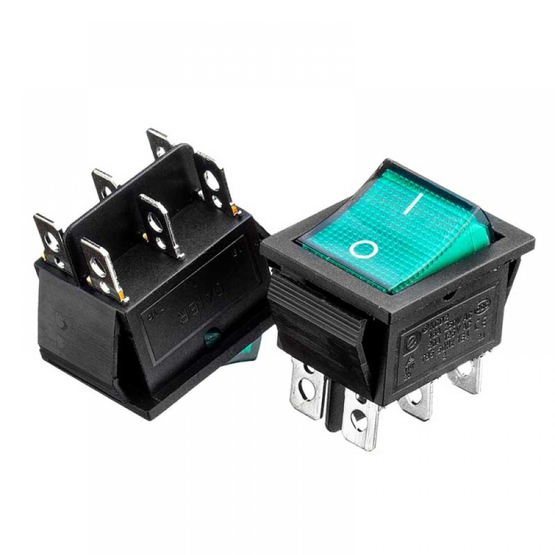 Кнопка перемикач зелений 22x30 мм 16 А 250 В ON-ON KCD2-202/N 6pin Daier