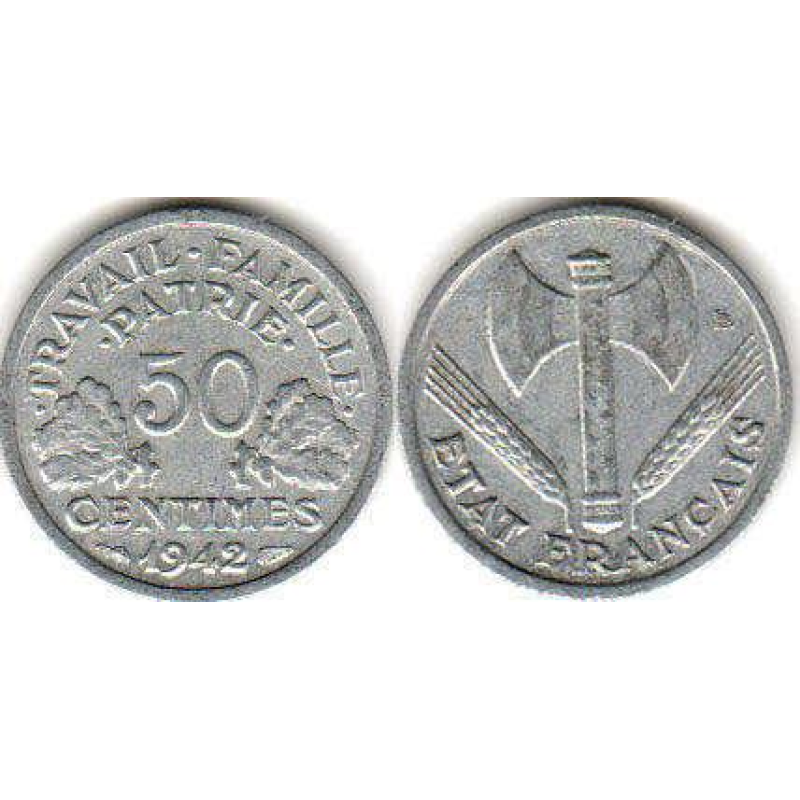 Франція 50 сантимів 1943 (1942-1944) алюміній. Франція 50 сантимів 1943 (1942-1944) алюміній.