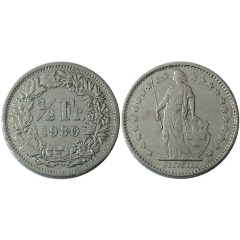 Швейцарія 1/2гладла 1980,1,2,3,4,5,6,7, 8,9 рік Гельвеція стоїть із списом і щитом Швейцарія 1/2гладла 1980,1,2,3,4,5,6,7, 8,9 рік Гельвеція стоїть із списом і щитом