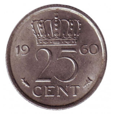 Монета 25 центов. 1960 год, Нидерланды.