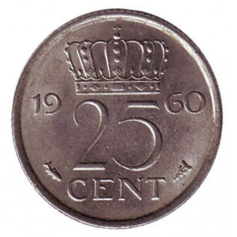 Монета 25 центов. 1960 год, Нидерланды. Монета 25 центов. 1960 год, Нидерланды.