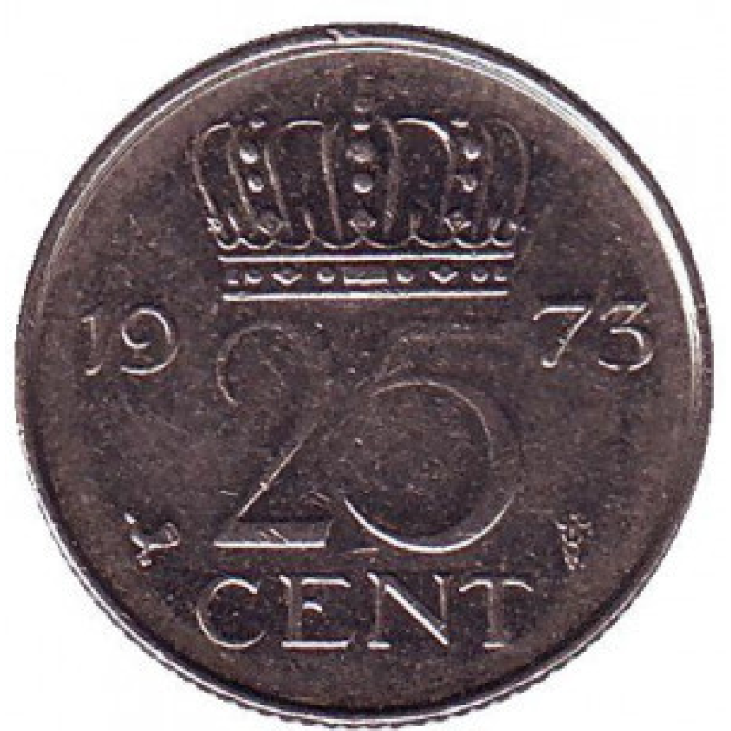 Монета 25 центов. 1974 год, Нидерланды. Монета 25 центов. 1974 год, Нидерланды.