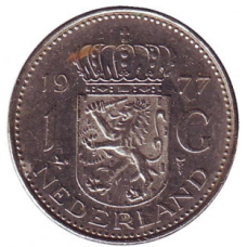 Монета 1 гульден. 1977 год, Нидерланды.