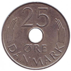 Монета 25 ере.  Королева Маргрете II (1973 - 1989), Данія.