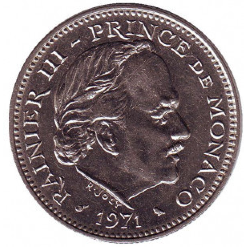 Монета 5 франків. 1971 рік, Монако. (Д) Монета 5 франків. 1971 рік, Монако. (Д)