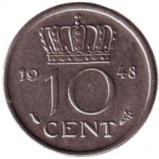 Монета 10 центів. 1948 рік, Нідерланди.