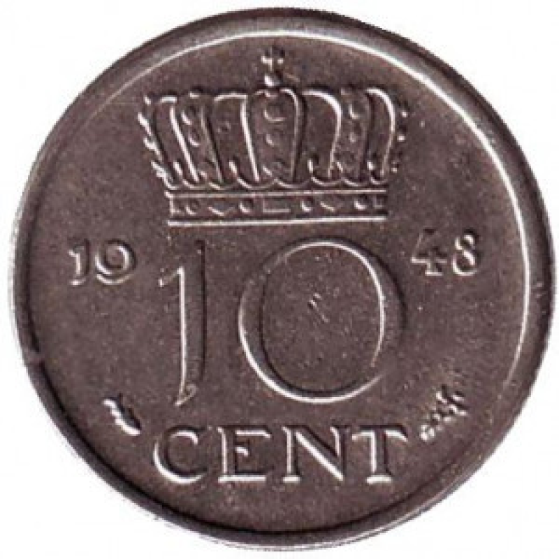 Монета 10 центів. 1948 рік, Нідерланди. Монета 10 центів. 1948 рік, Нідерланди.