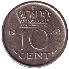 Монета 10 центів. 1950 рік, Нідерланди.