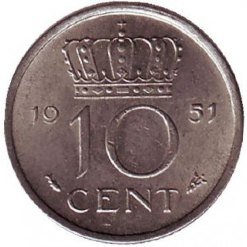 Монета 10 центів. 1951 рік, Нідерланди. Монета 10 центів. 1951 рік, Нідерланди.