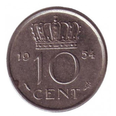 Монета 10 центів. 1954 рік, Нідерланди.