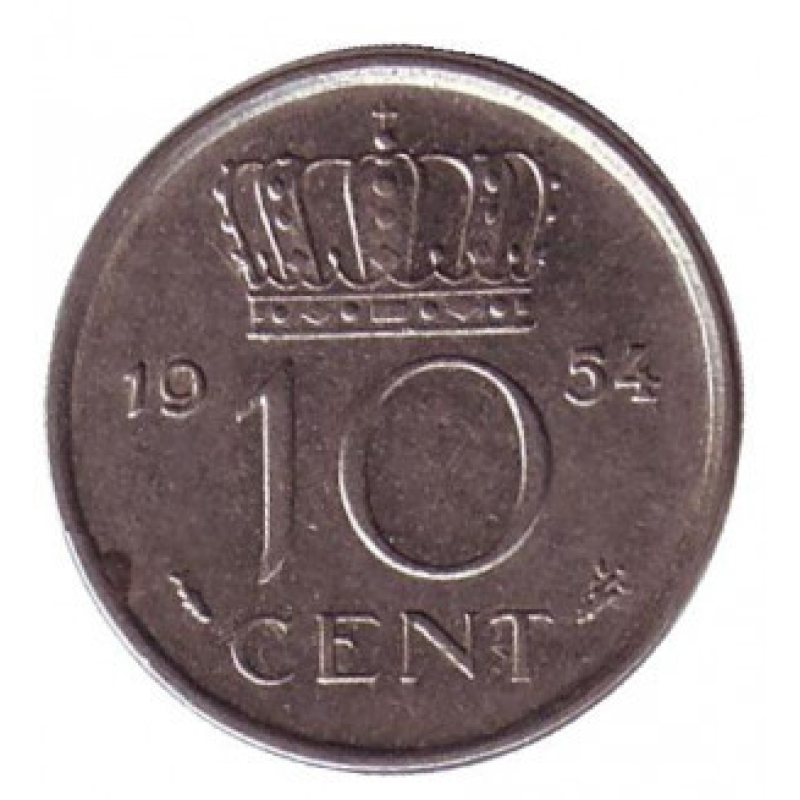 Монета 10 центів. 1954 рік, Нідерланди. Монета 10 центів. 1954 рік, Нідерланди.