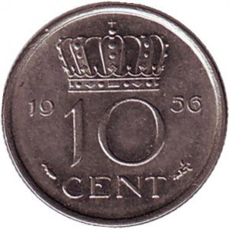 Монета 10 центів. 1956 рік, Нідерланди. Монета 10 центів. 1956 рік, Нідерланди.