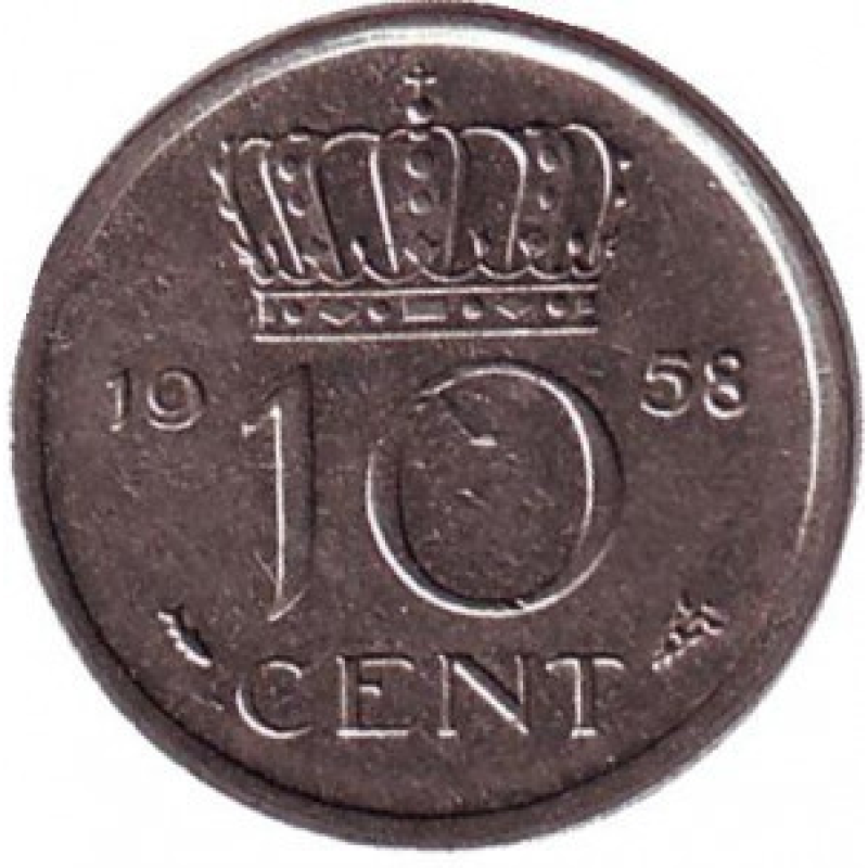 Монета 10 центів. 1958 рік, Нідерланди. Монета 10 центів. 1958 рік, Нідерланди.