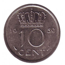 Монета 10 центів. 1959 рік, Нідерланди.
