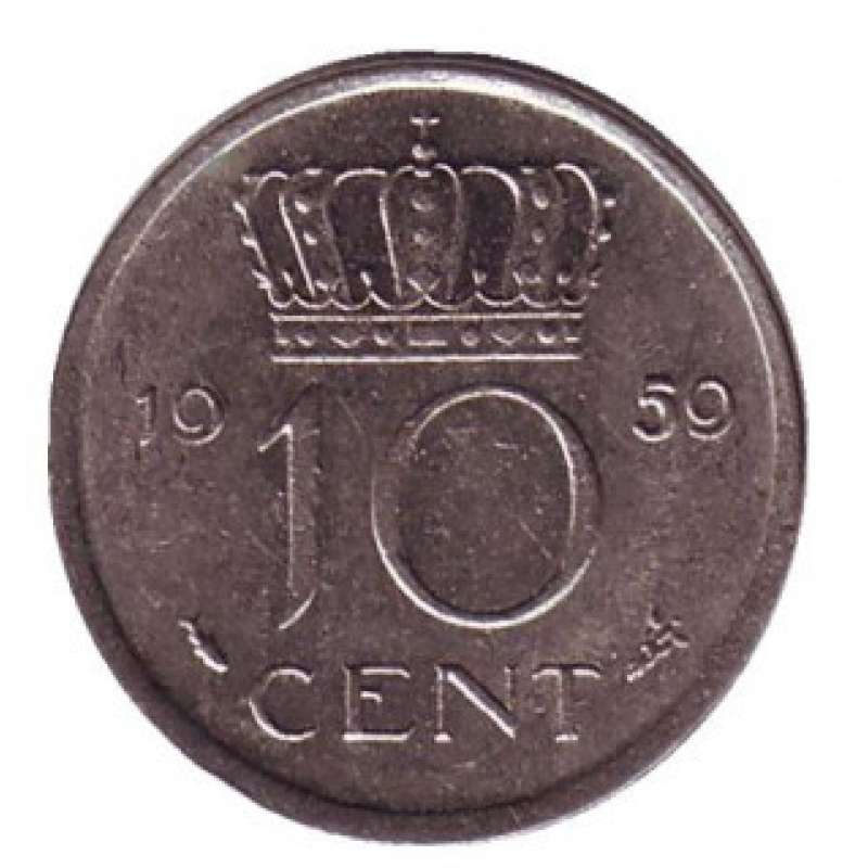 Монета 10 центів. 1959 рік, Нідерланди. Монета 10 центів. 1959 рік, Нідерланди.