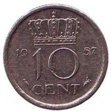 Монета 10 центів. 1957 рік, Нідерланди.