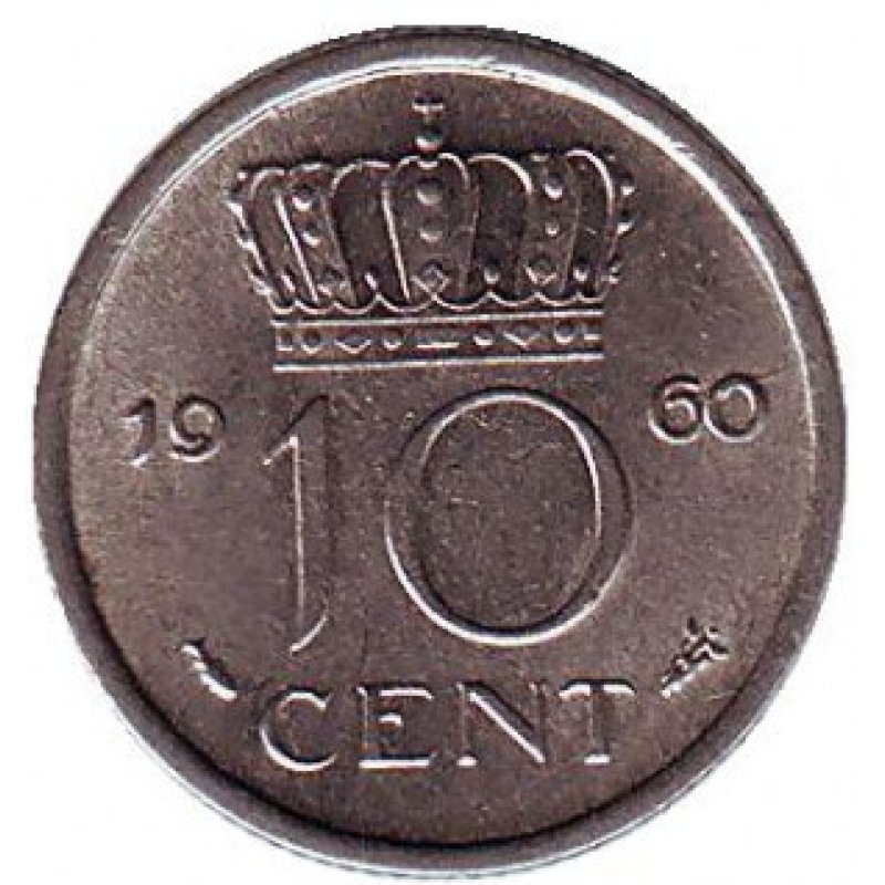 Монета 10 центів. 1960 рік, Нідерланди. Монета 10 центів. 1960 рік, Нідерланди.