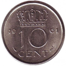 Монета 10 центів. 1961 рік, Нідерланди.