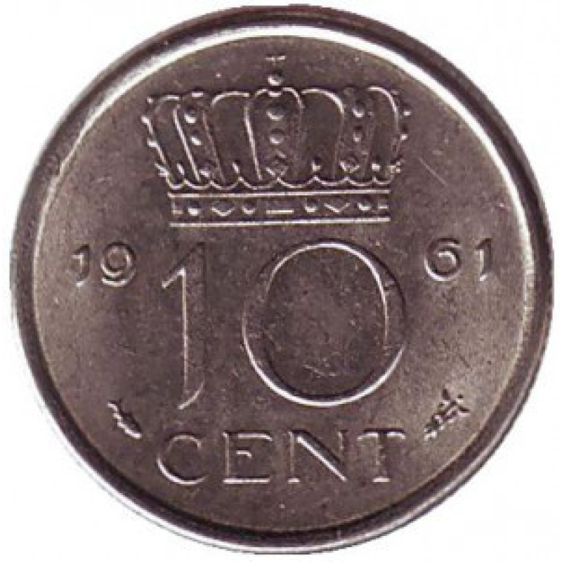 Монета 10 центів. 1961 рік, Нідерланди. Монета 10 центів. 1961 рік, Нідерланди.