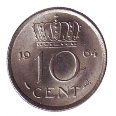 Монета 10 центів. 1964 рік, Нідерланди.