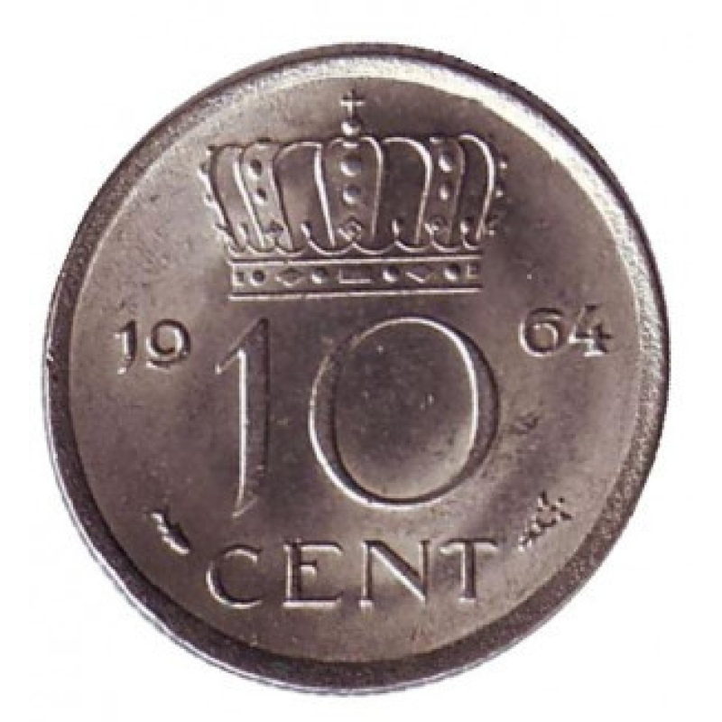 Монета 10 центів. 1964 рік, Нідерланди. Монета 10 центів. 1964 рік, Нідерланди.