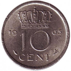 Монета 10 центів. 1965 рік, Нідерланди.