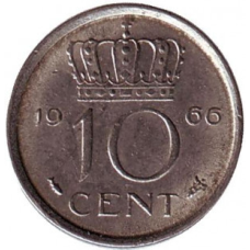 Монета 10 центів. 1966 рік, Нідерланди.