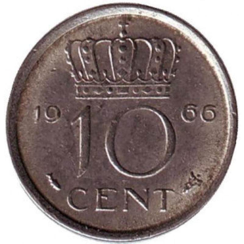 Монета 10 центів. 1966 рік, Нідерланди. Монета 10 центів. 1966 рік, Нідерланди.