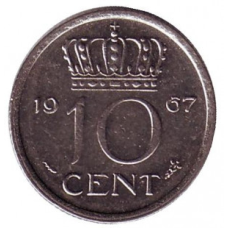 Монета 10 центів. 1967 рік, Нідерланди.