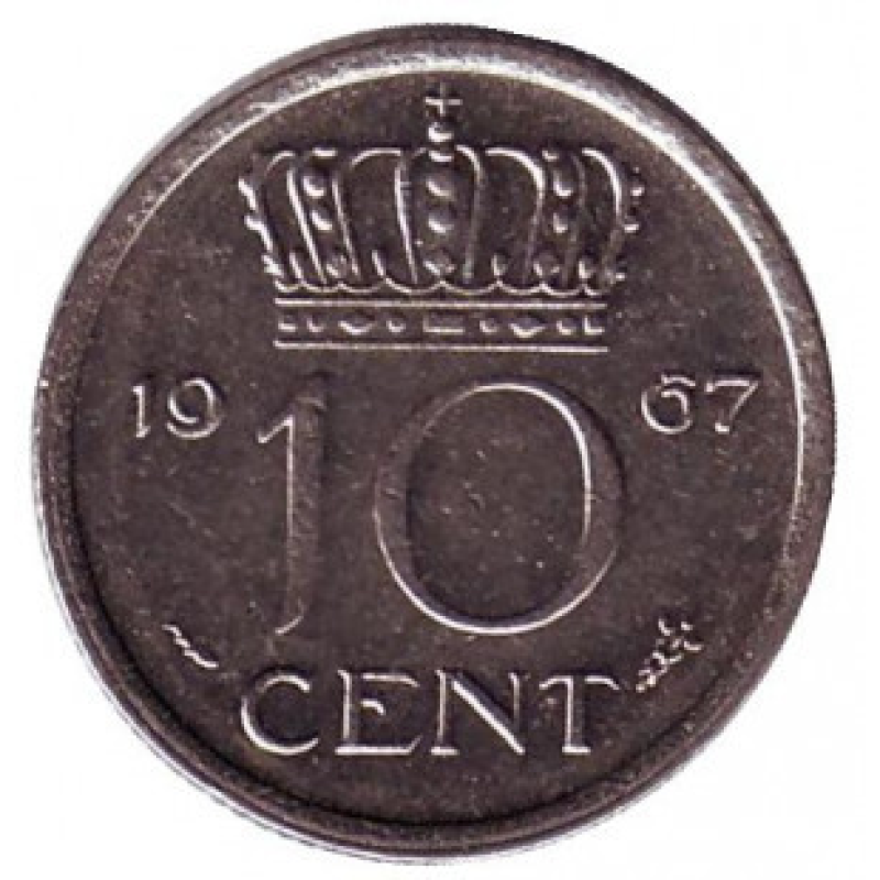 Монета 10 центів. 1967 рік, Нідерланди. Монета 10 центів. 1967 рік, Нідерланди.